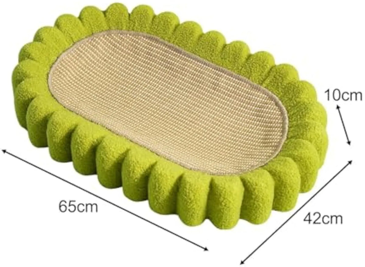 Green oval cat scratcher bed with sisal surface, showing bowl shape for scratching and sleeping