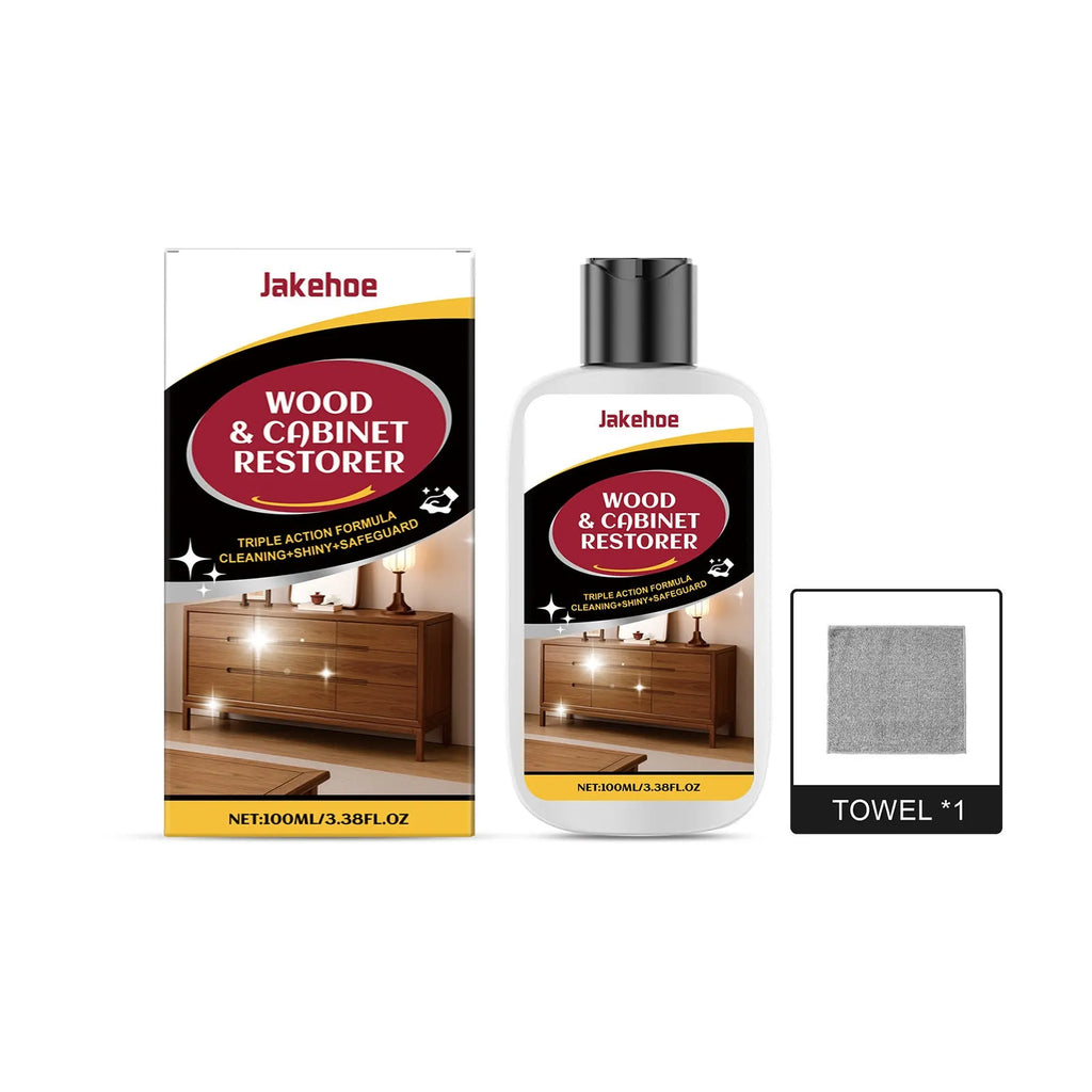 Wooden furniture scratch care kit showing 100ml bottle and 20x20cm microfibre towel for cleaning wood surfaces