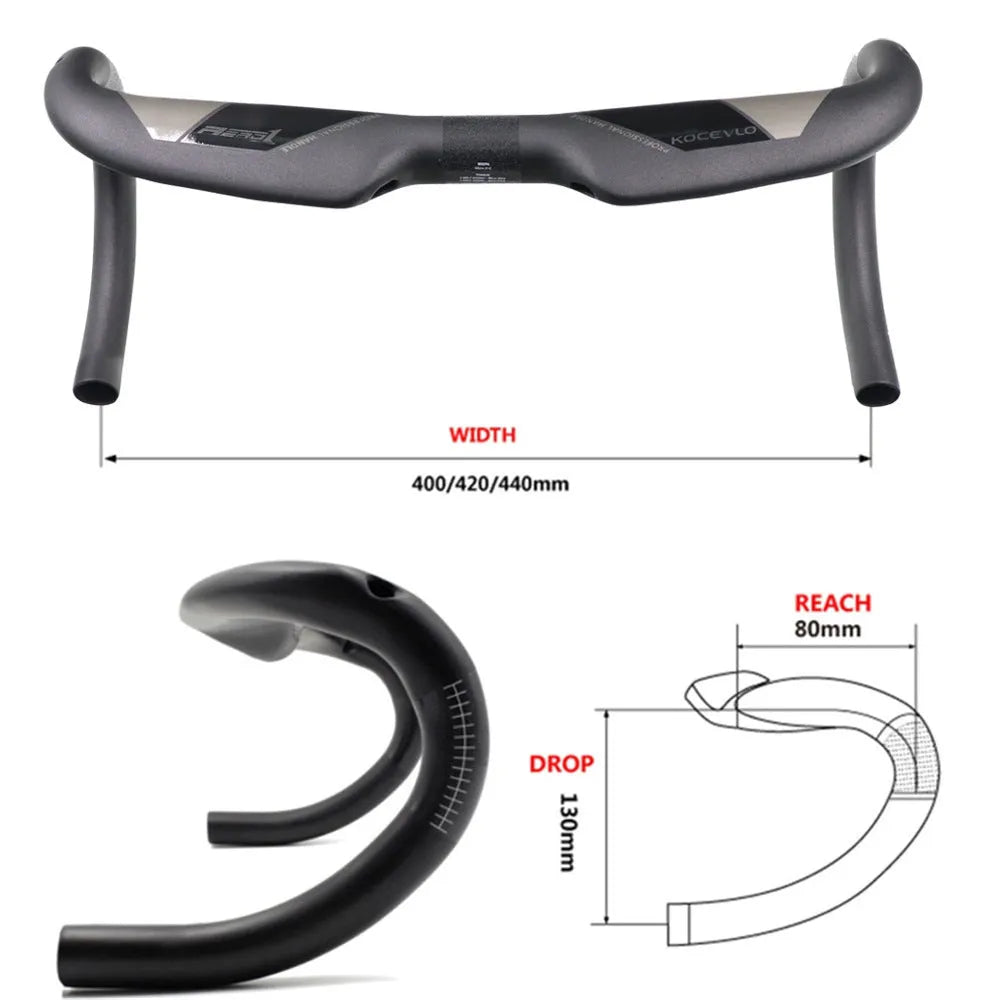 Matte carbon fibre road bicycle handlebar showing bent design with width measurement options