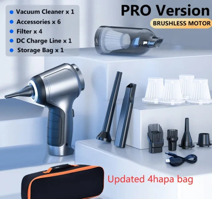 Handheld car vacuum cleaner with brushless motor and inflatable nozzle attachment on grey background