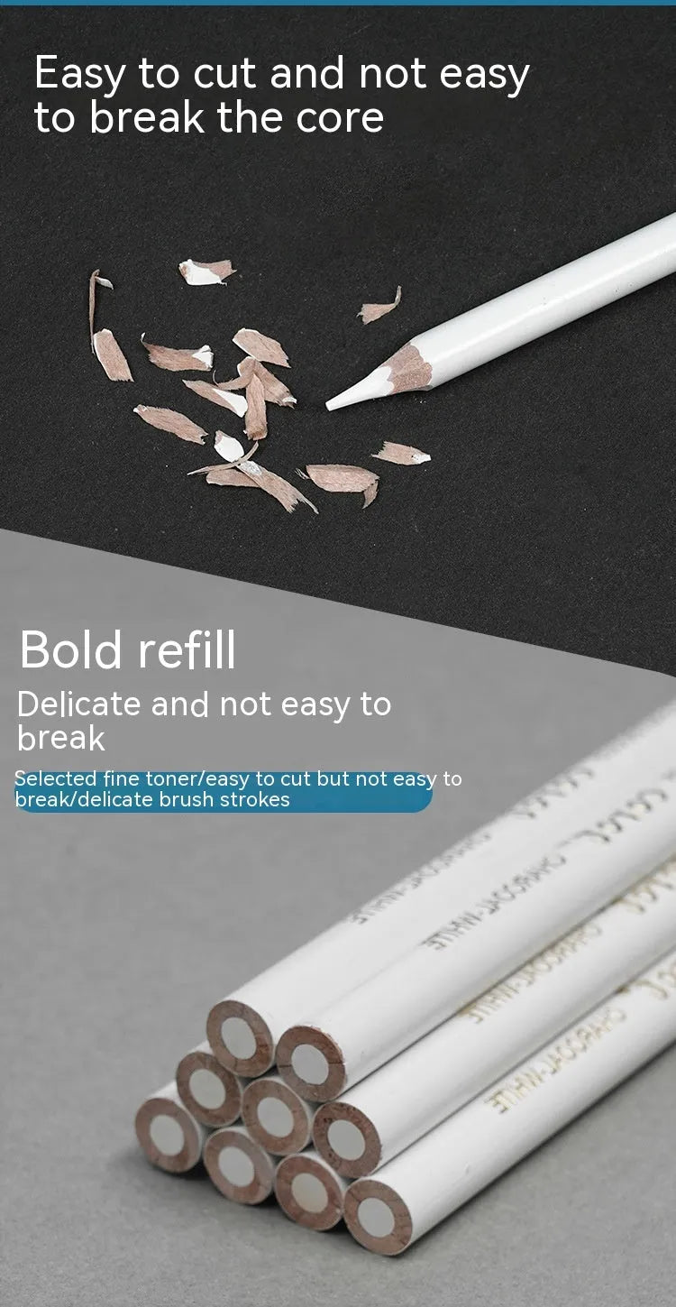 Set of three white charcoal highlighting pencils with wooden shells and brush tips for drawing