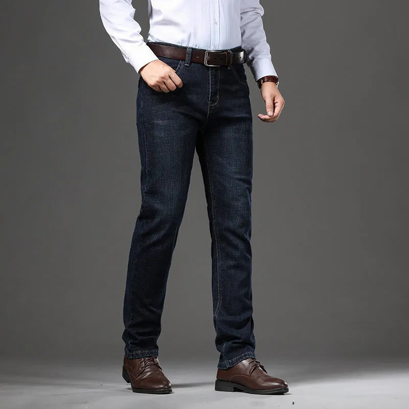 High-elasticity straight-leg denim jeans in black and blue colours showing business casual styling
