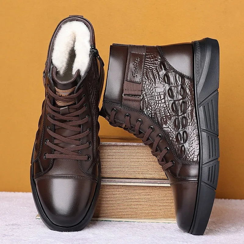 Black and brown velvet finish lace-up snow boots with faux fur lining and rubber soles