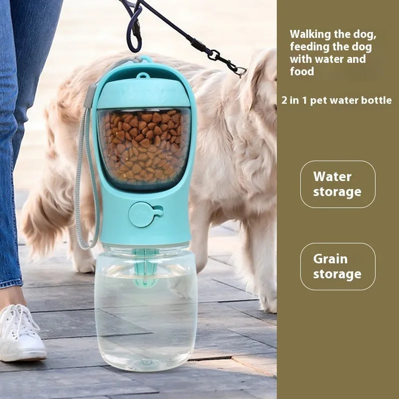 Blue portable plastic dog water bottle with fold-out drinking bowl for walks.