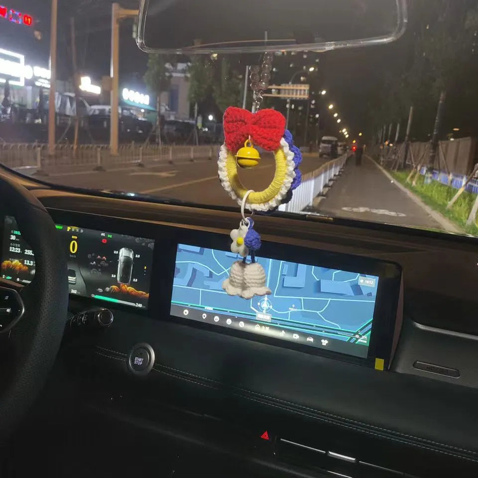 Handmade yarn weaving car hanging pendant with plush Snow White design and optional red wind chimes
