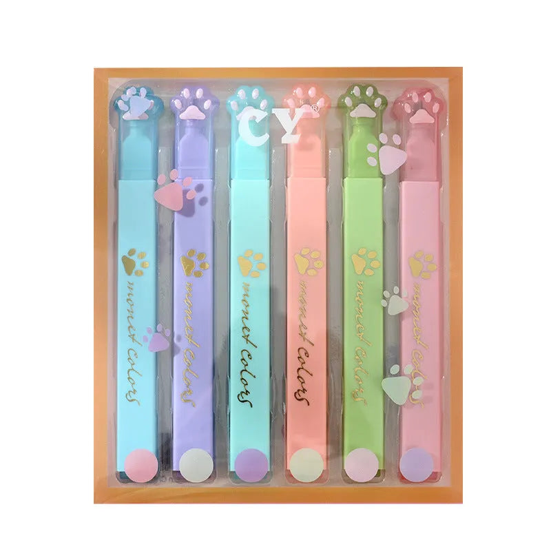 Box of six Cat's Paw fluorescent marking pens with oblique tips in assorted colours.