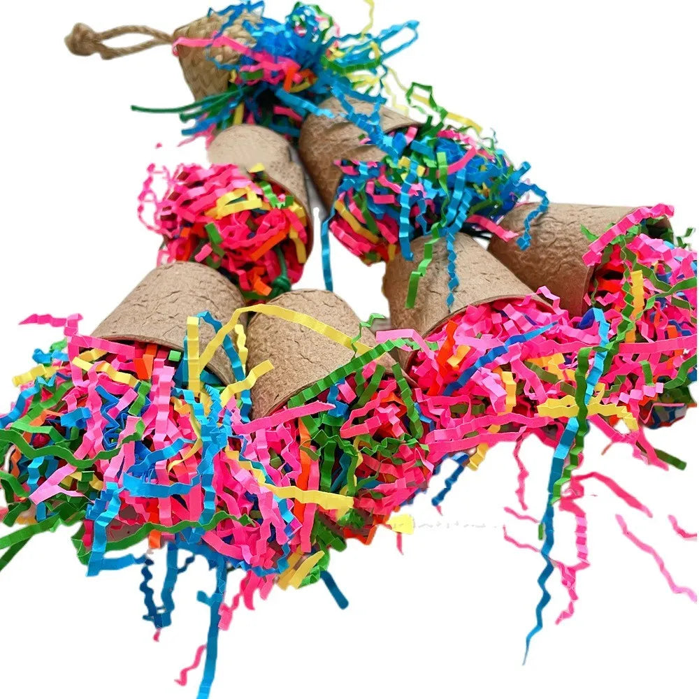 Natural wood-coloured palm weaving parrot gnawing toy in a paper cup shape, hanging.