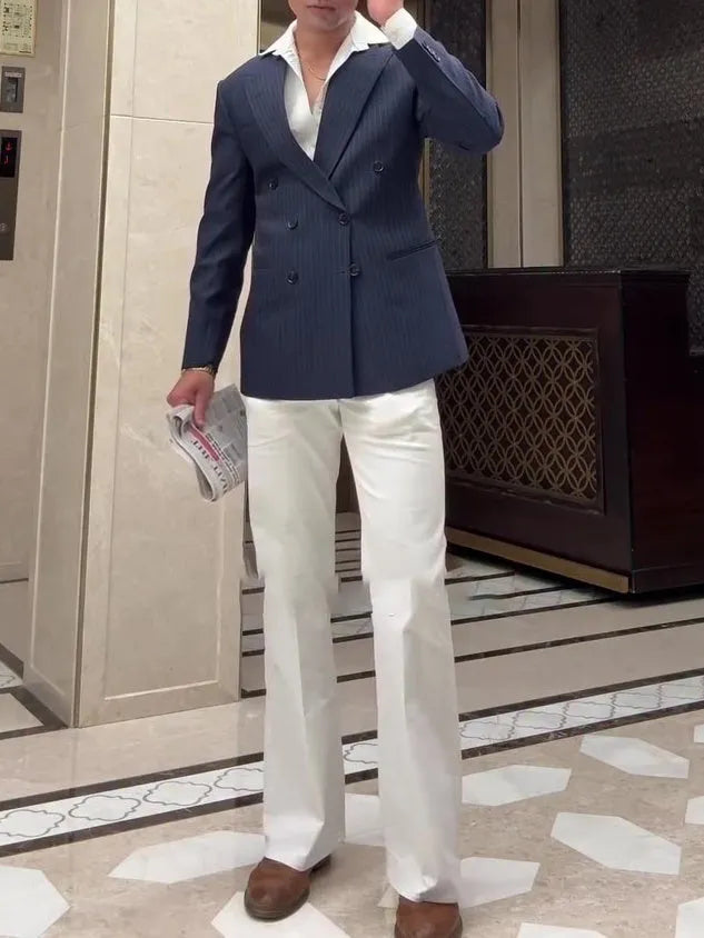 Men's striped double breasted blazer in polyester fabric with regular fit