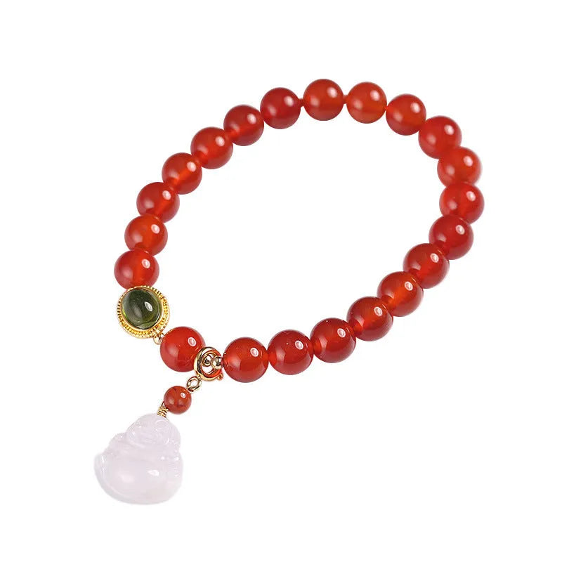 Handmade red agate bracelet with geometric Chinese design featuring Maitreya Buddha jade pendant and ancient gold elements