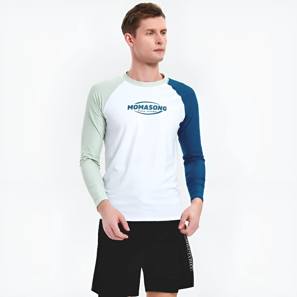 Men's white long-sleeved swim top and matching blue swim trunks set for beach sports