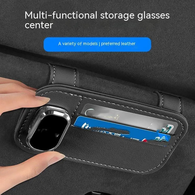 Leather automotive sun visor card holder with glasses clip and card slot