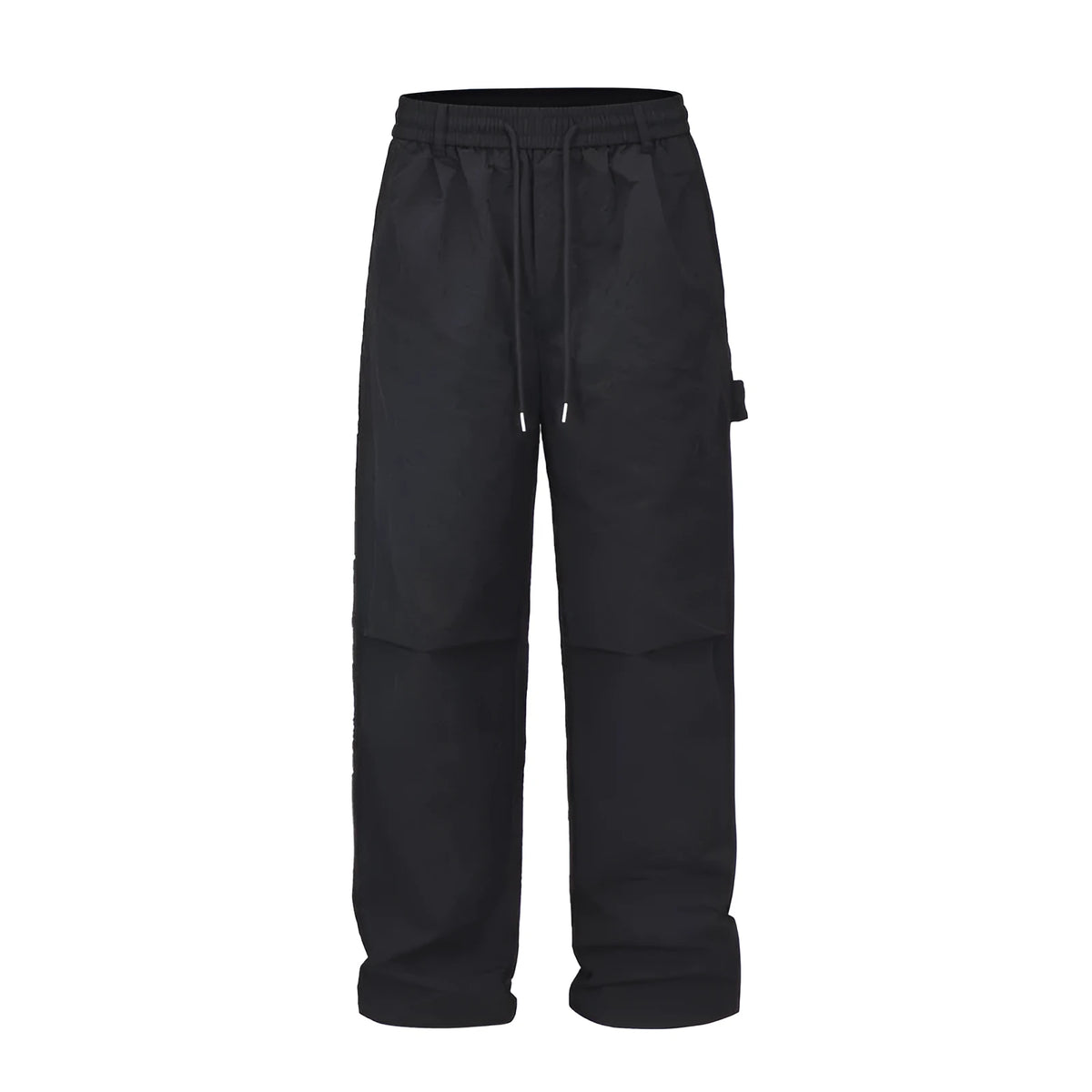 Black baggy paratrooper trousers with elastic drawstring waist and three-dimensional cutting