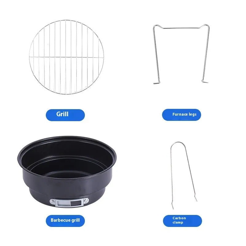 Small folding round ice stove with mesh grill and furnace legs for outdoor barbecue
