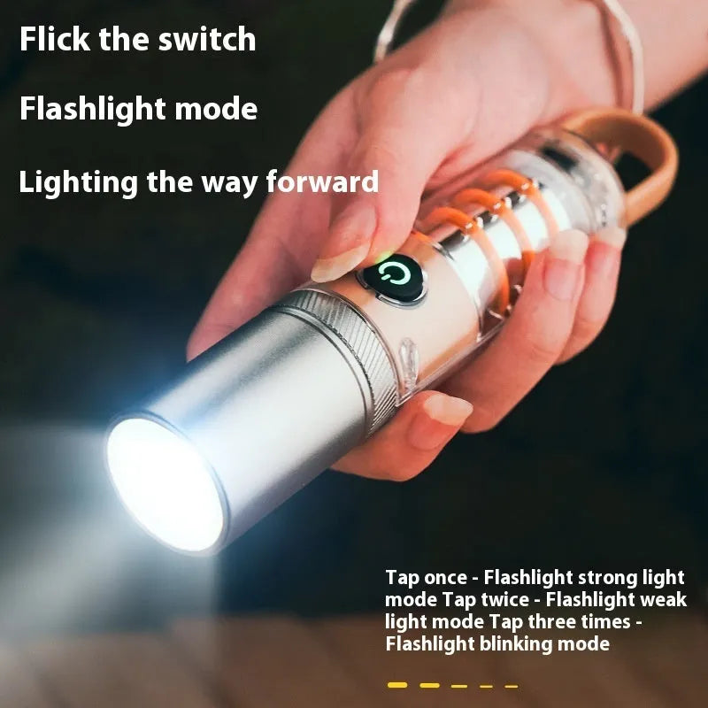 Orange and beige 10W rechargeable flashlight with hook, keychain, and USB cable.