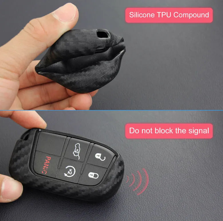 Silicone car key case for Dodge Chrysler Fiat with carbon fibre pattern and optional buckle