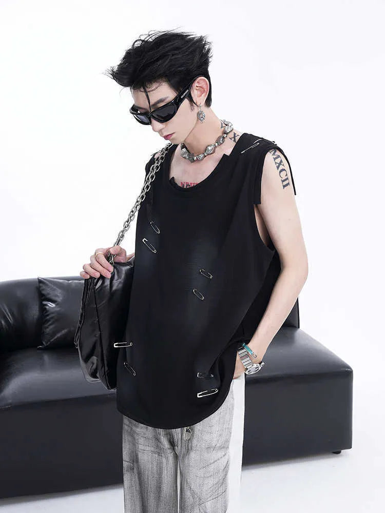 Men's black sleeveless t-shirt vest with irregular cutting and ripped detailing, round neck collar
