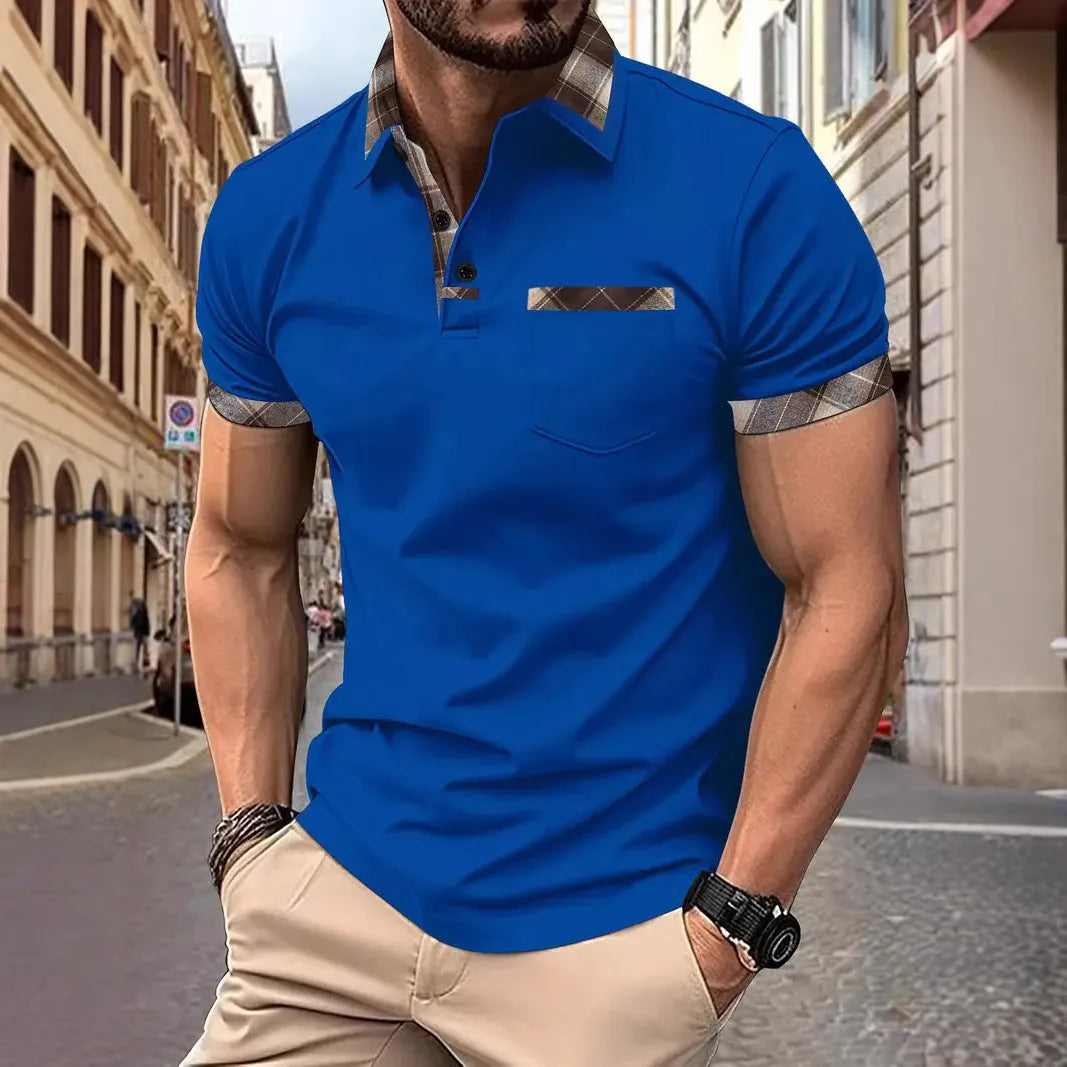 Men's loose fit plaid colourblock T-shirt with zipper decoration details on short sleeves