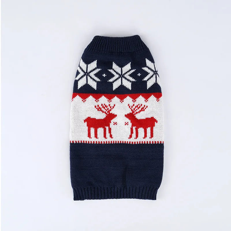 Navy blue Christmas dog sweater with knitted acrylic construction showing festive patterns
