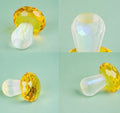 Colourful geometric crystal mushroom decoration on a white background.