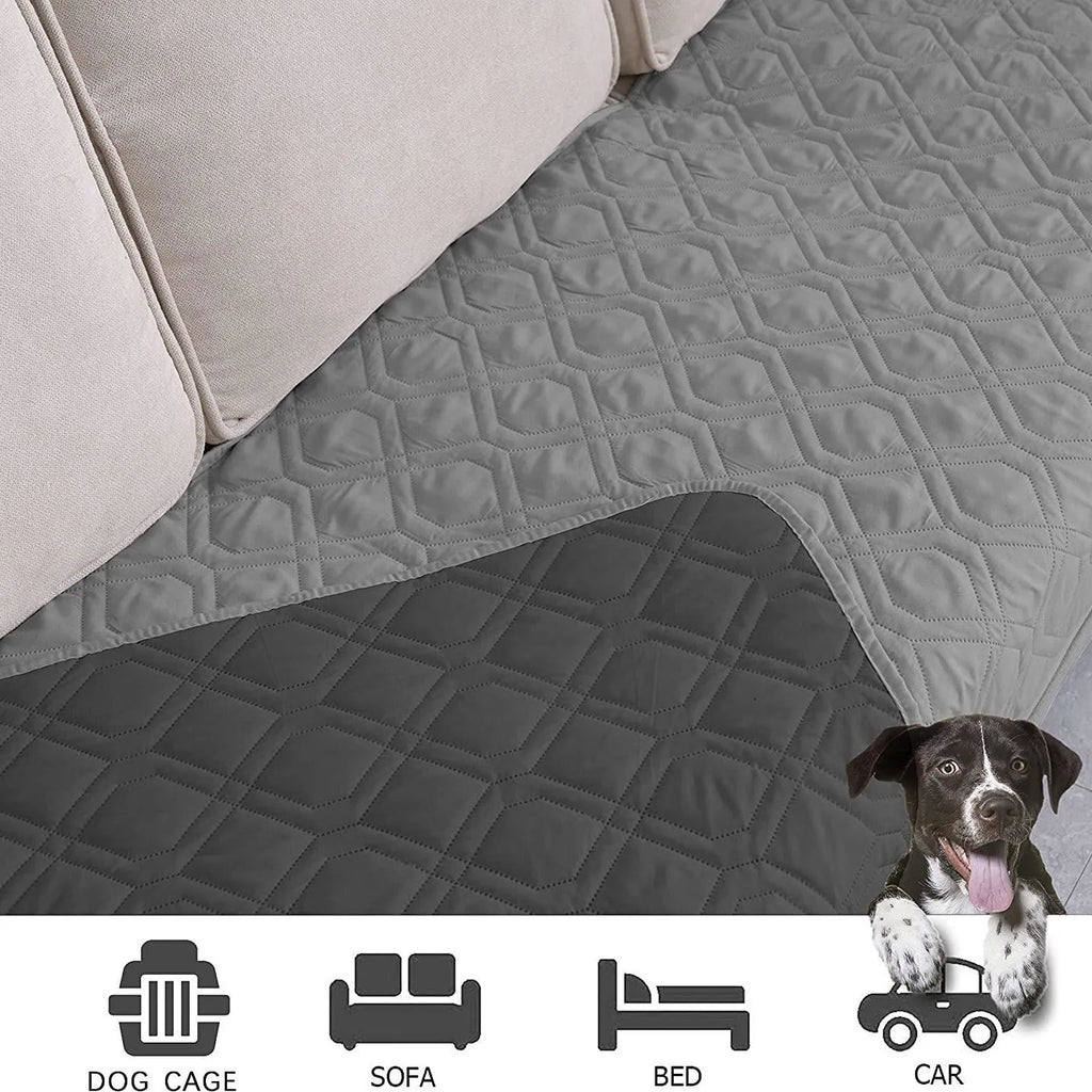 Waterproof reversible dog blanket on sofa showing two colour sides, protecting furniture from pet stains and hair