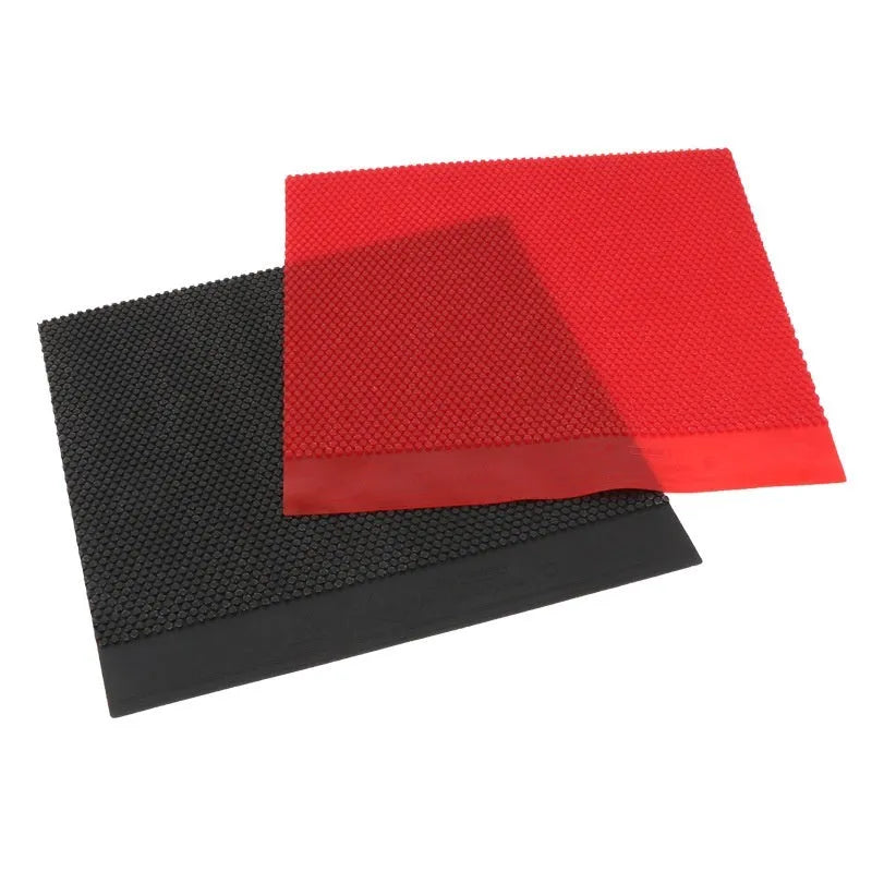A single sheet of raw table tennis rubber in black or red colour with a small-particle texture surface.