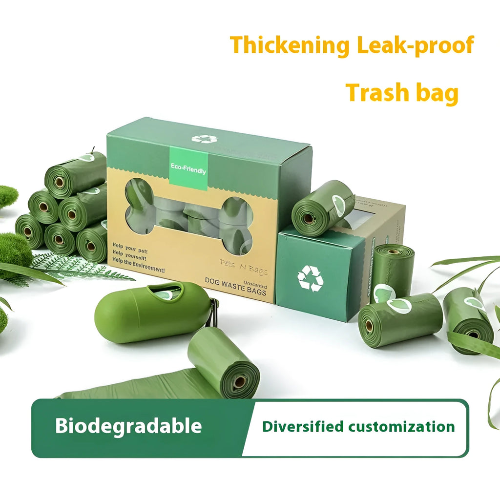 Green, blue, purple, orange and black rolls of EPI degradable, thickening pet waste bags with lavender or tasteless options.