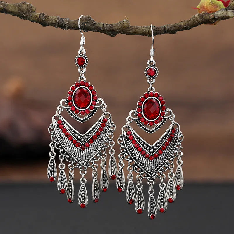 Smart water drop purple retro crystal fringe earrings with ethnic design and drop shape