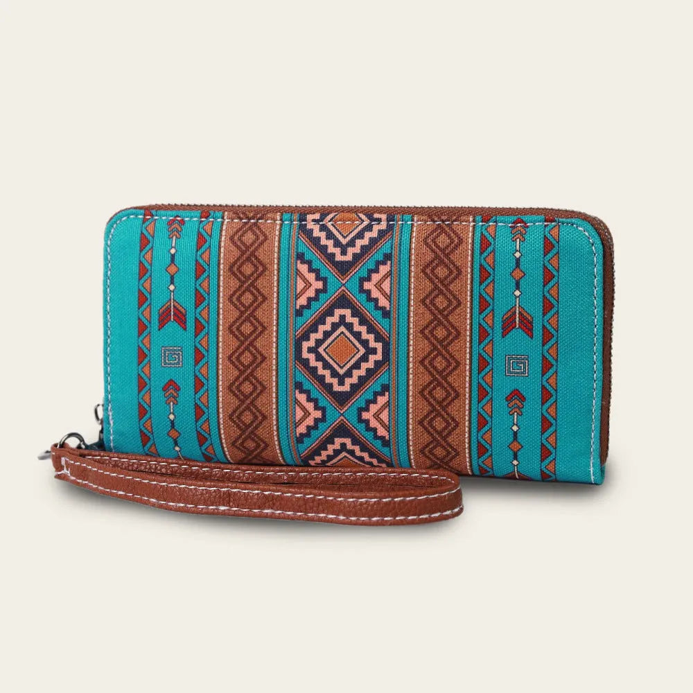 Bohemian striped canvas RFID wallet in multiple colours showing compact size and anti-theft feature.