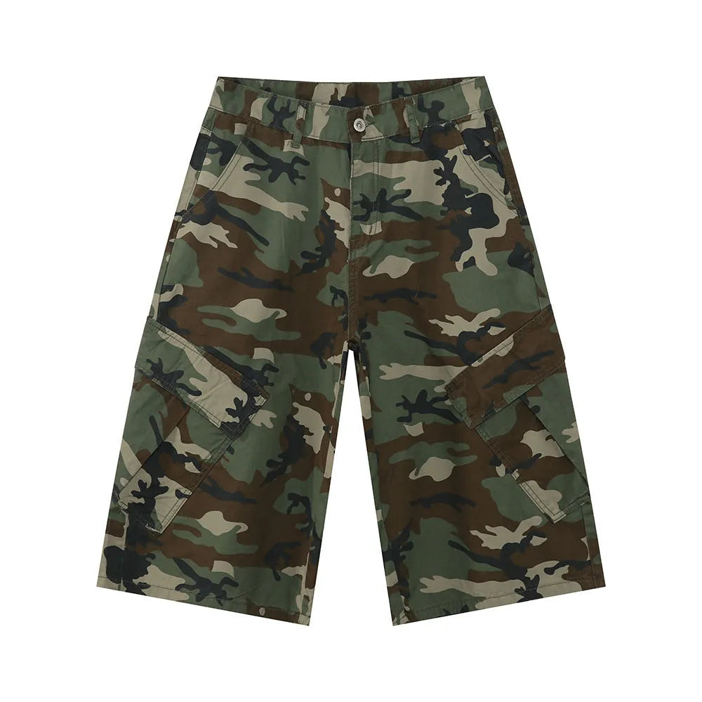 Men's camouflage cotton trousers with wide leg loose fit and American side stitching