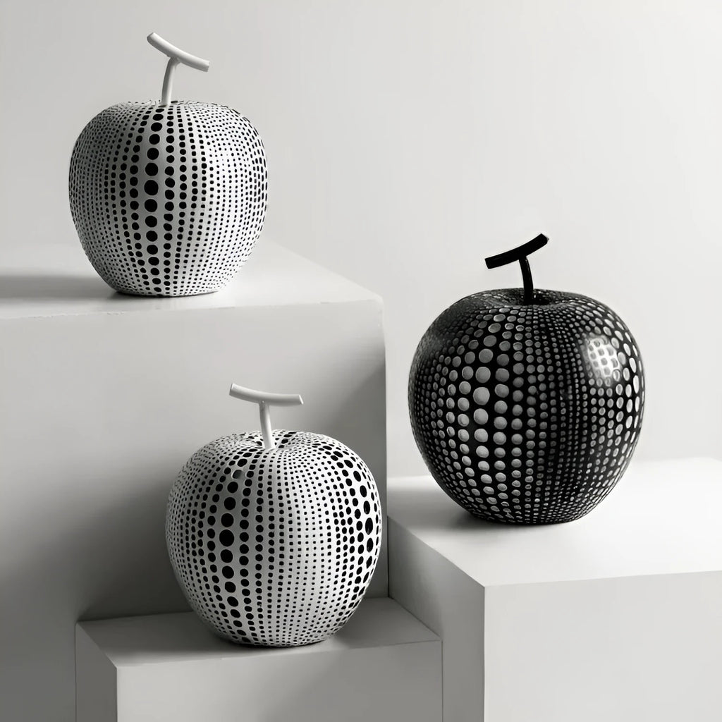 Resin decorative apples and pears in white, orange, black and blue colour options