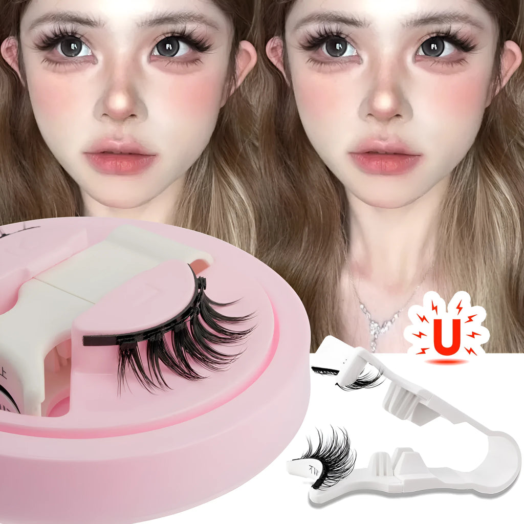 Set of reusable, glue-free false eyelashes in a natural thick style made from artificial fibre.