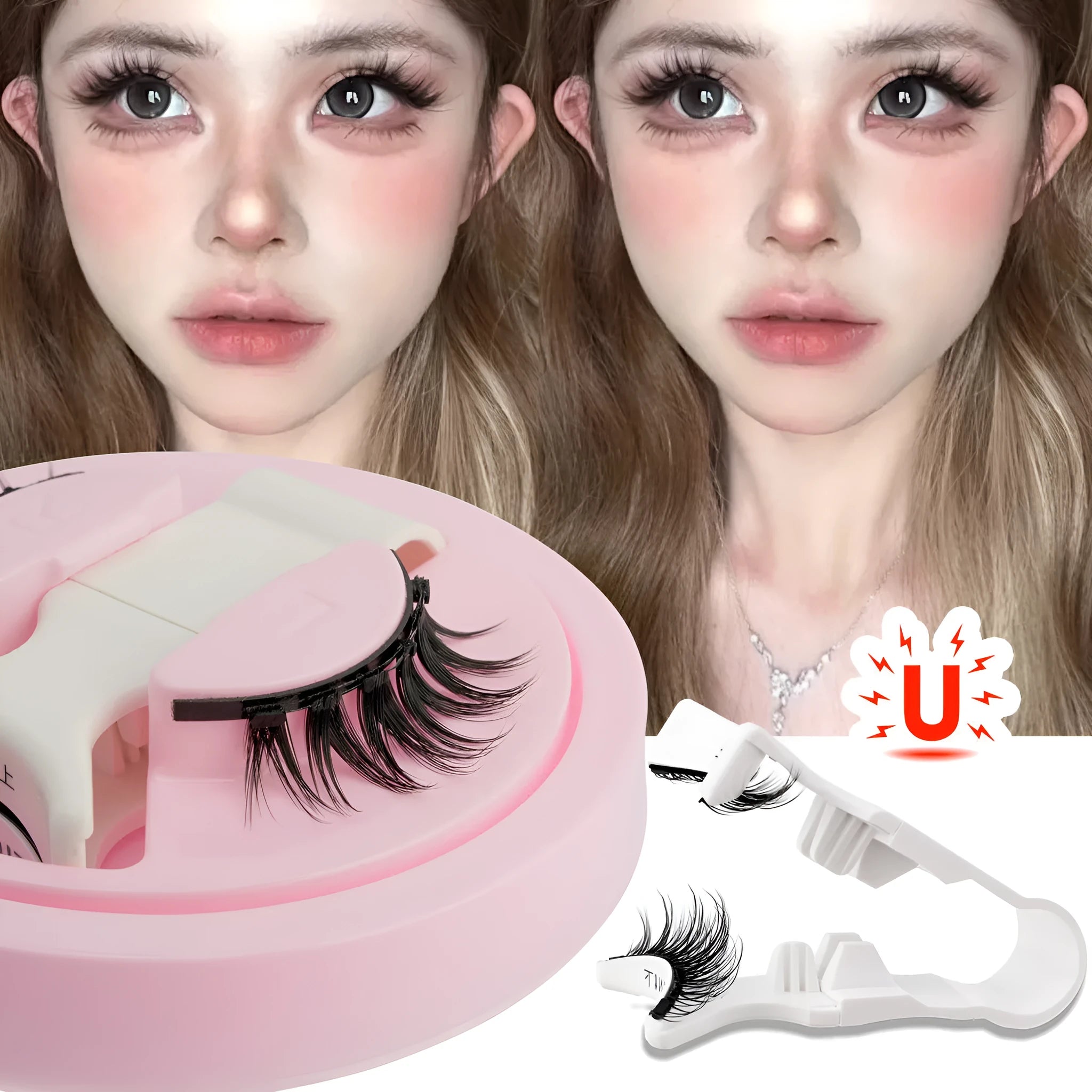 Set of reusable, glue-free false eyelashes in a natural thick style made from artificial fibre.