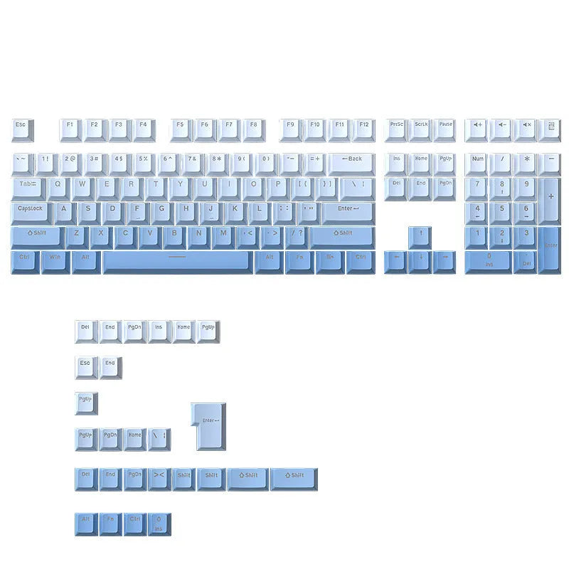 134-key PBT mechanical keyboard keycap set in sky blue gradient with positive engraving, OEM height, 290 x 160 x 30 mm
