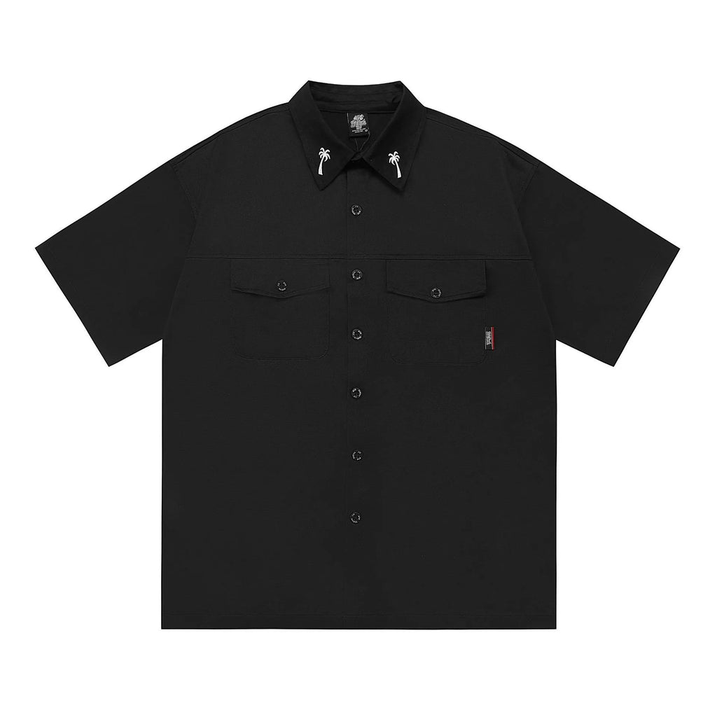Men's black plus size cotton blend loose fit shirt with half sleeves and a chest pocket.