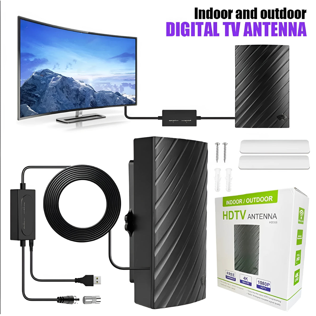 Black plastic digital television antenna with HD reception and mounting accessories
