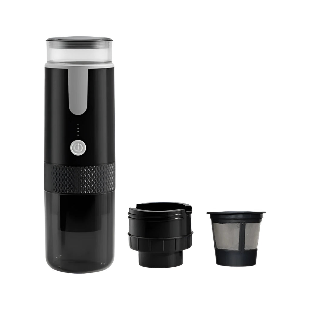 Black portable wireless coffee machine with K-Cup capsule compatibility for vehicles and travel