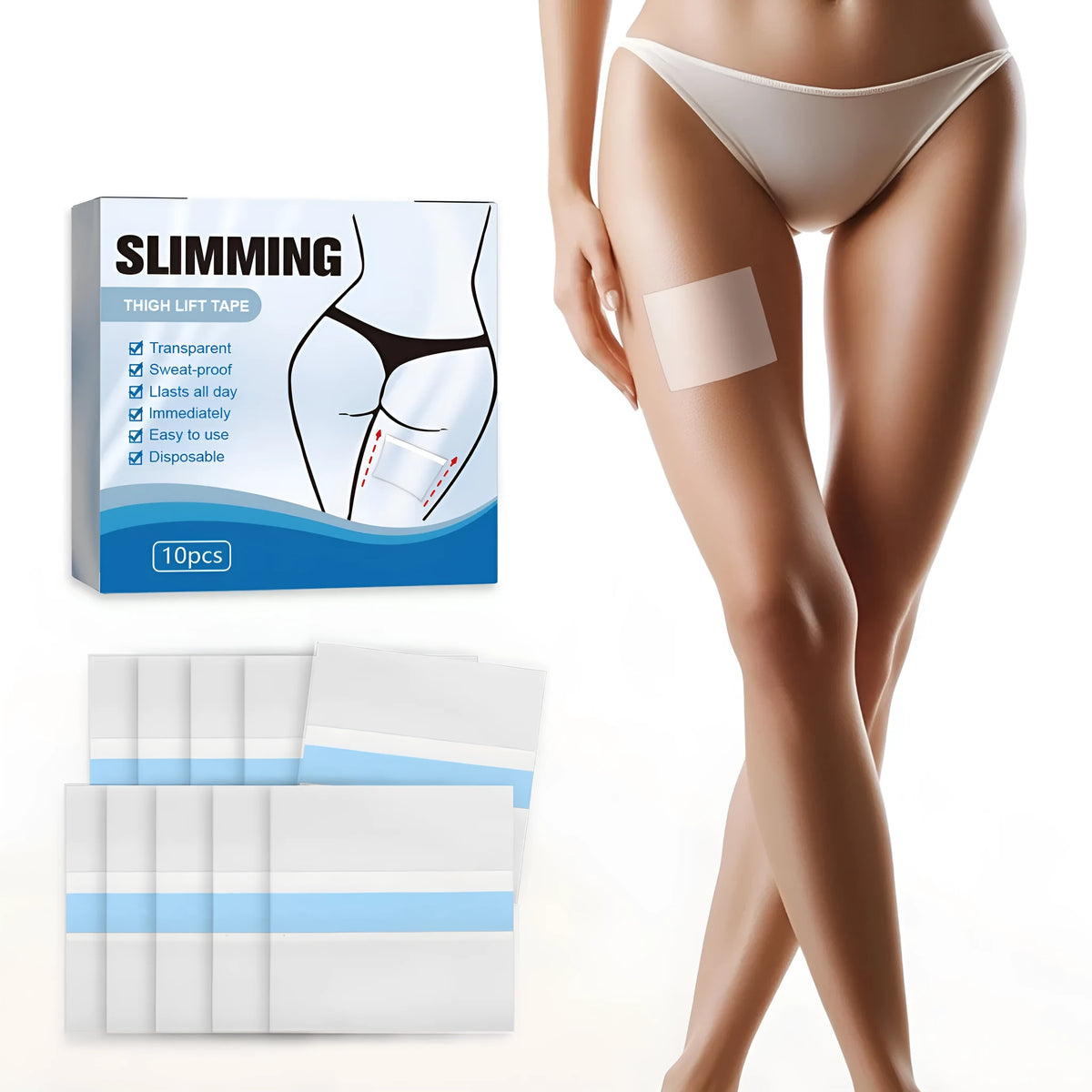 Box containing 10 individual square body shaping patches for slimming and body tightening.
