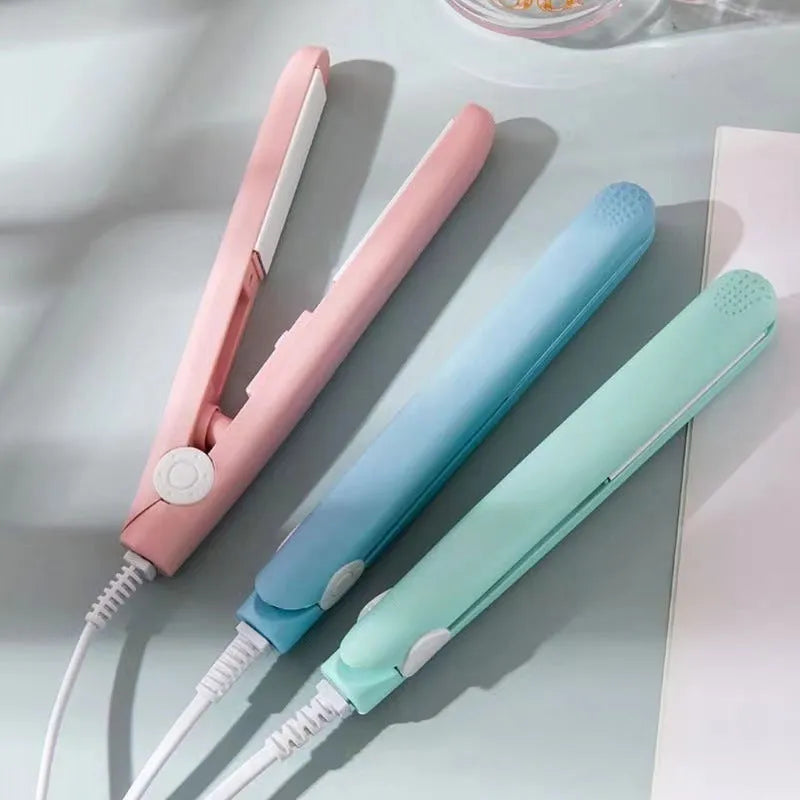 Mini hairdressing splint straightener in blue, pink, white, purple, or yellow with storage box for fringe styling.
