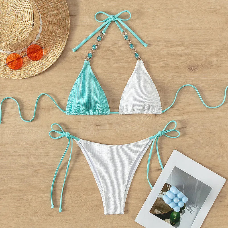 Women's colour-matching swimsuit with lace-up front and pearl chain detail, two-piece bikini set