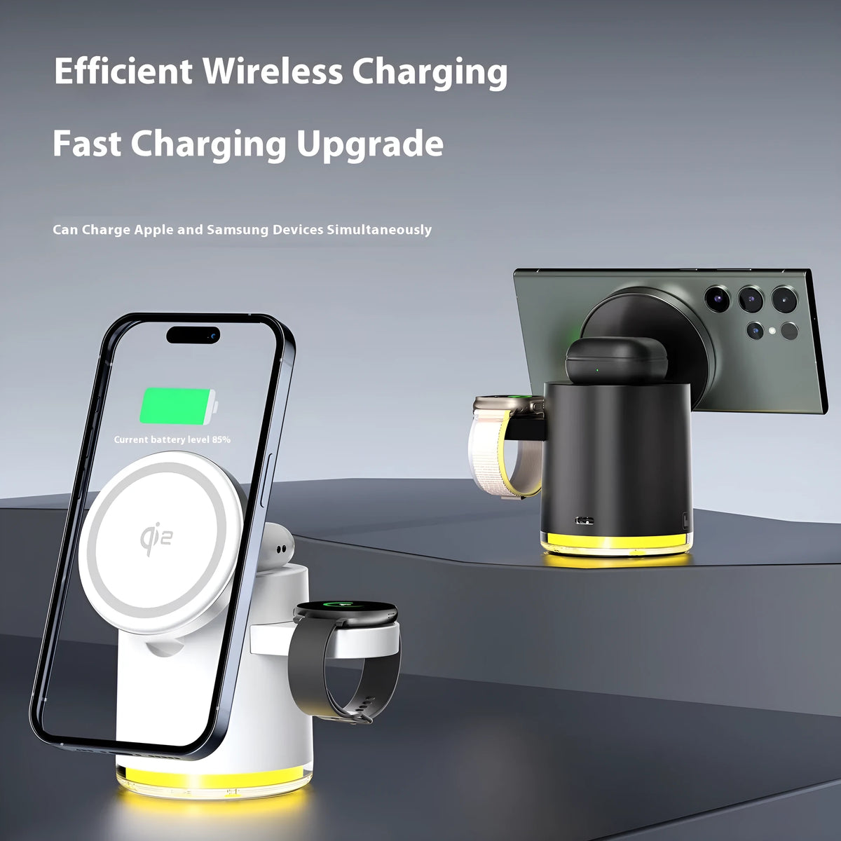 C16 three-in-one magnetic folding wireless charger in Black and Ivory White, charging a phone, watch, and earphones.