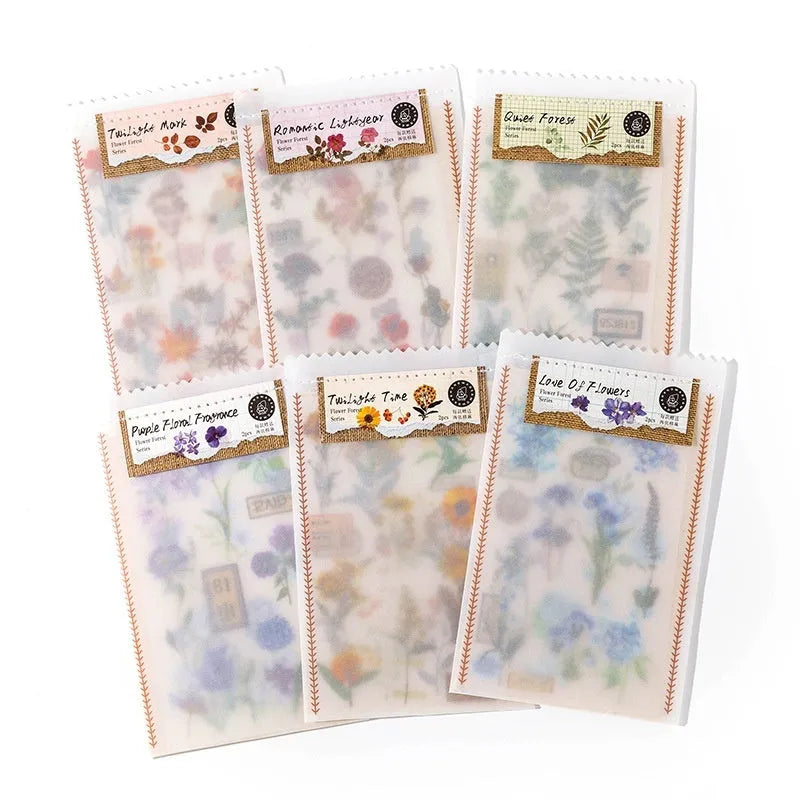 Huazhisen forest art sticker pack showing transfer paper and cotton linen sheets with literary style designs