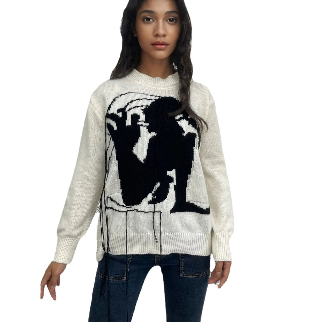 Women's alpaca wool sweater with abstract pattern and tassel design in loose street fashion style