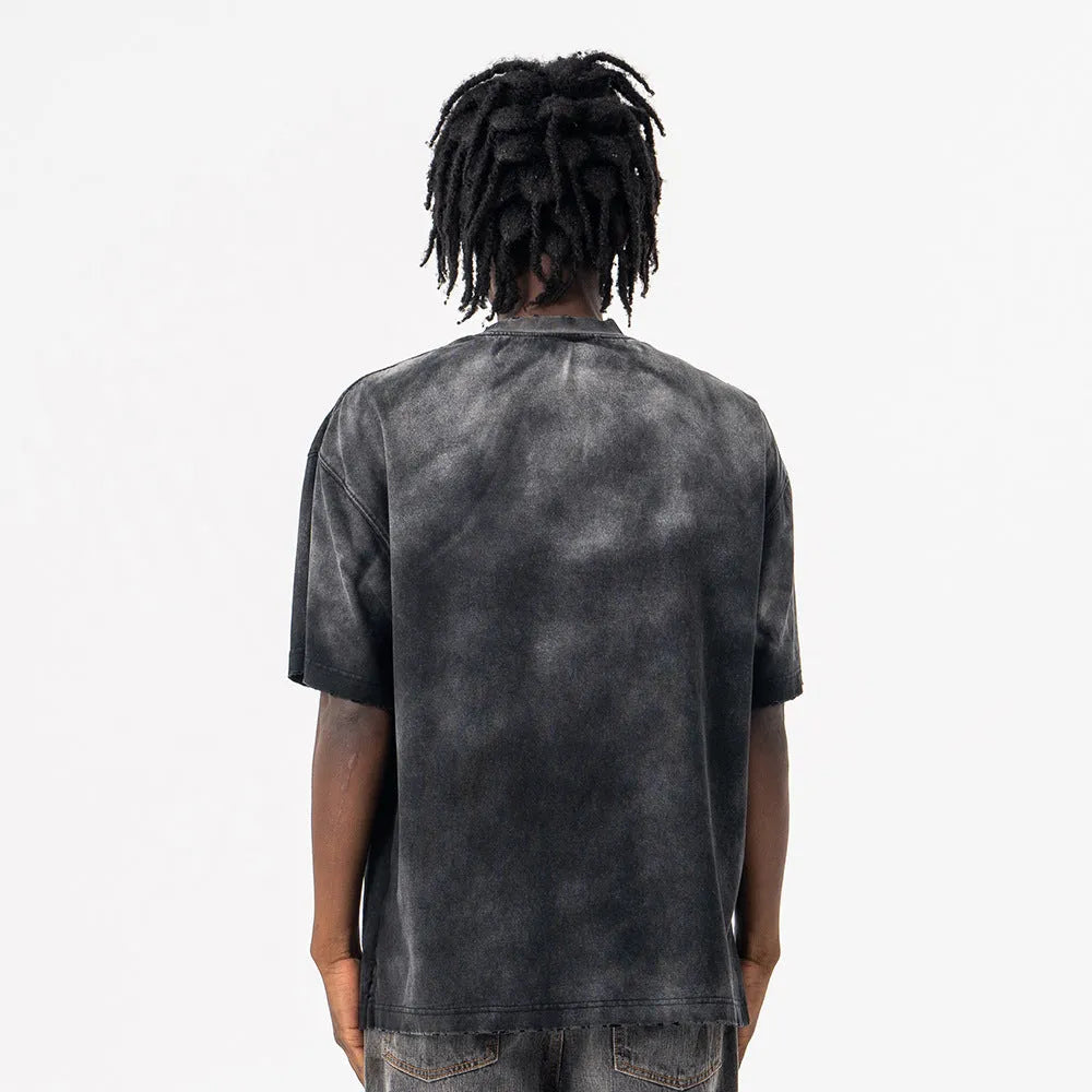 Men's black cotton t-shirt with printed letter design and drop-shoulder sleeves