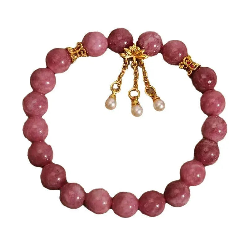 Natural stone bracelet with pink lotus tassel and pearl pendant bead in New Chinese style