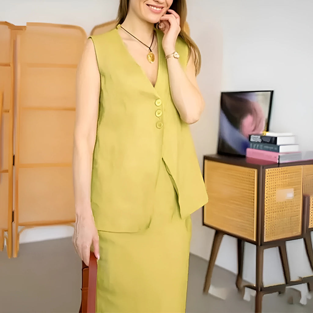 Women's white vest and long skirt two-piece casual suit set on hanger