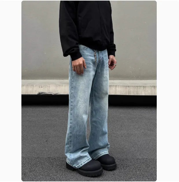 Men's blue retro straight-leg jeans with whisker washing detail on the thighs, showing a flared wide-leg cut.
