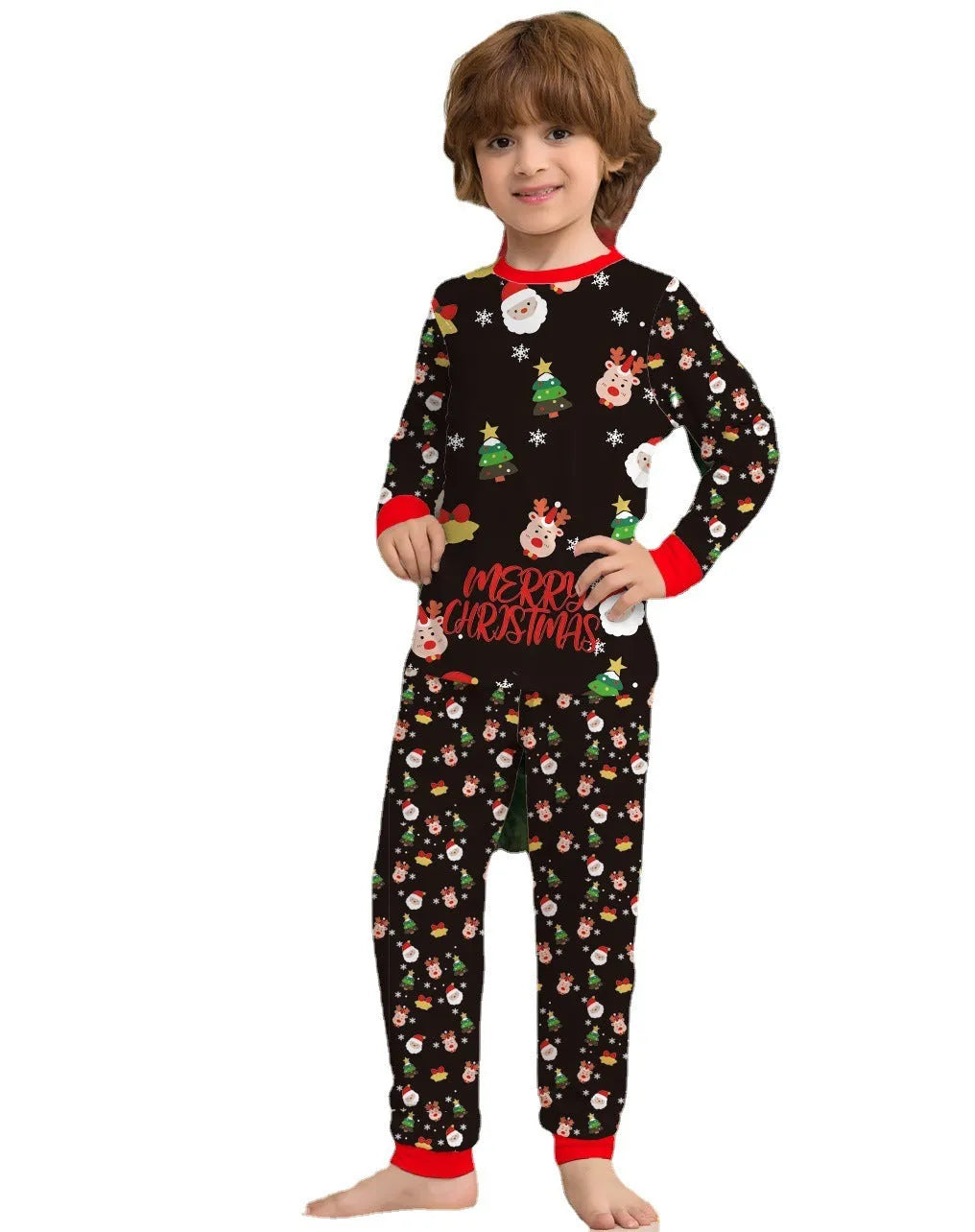 Family wearing matching Christmas pajamas with plaid patterns, including adults, children, and a dog in coordinating sleepwear