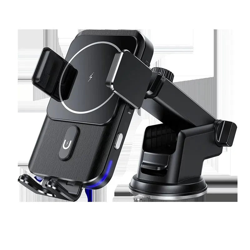 Black car wireless charger phone holder with 15W charging and vent clip or suction cup mount options