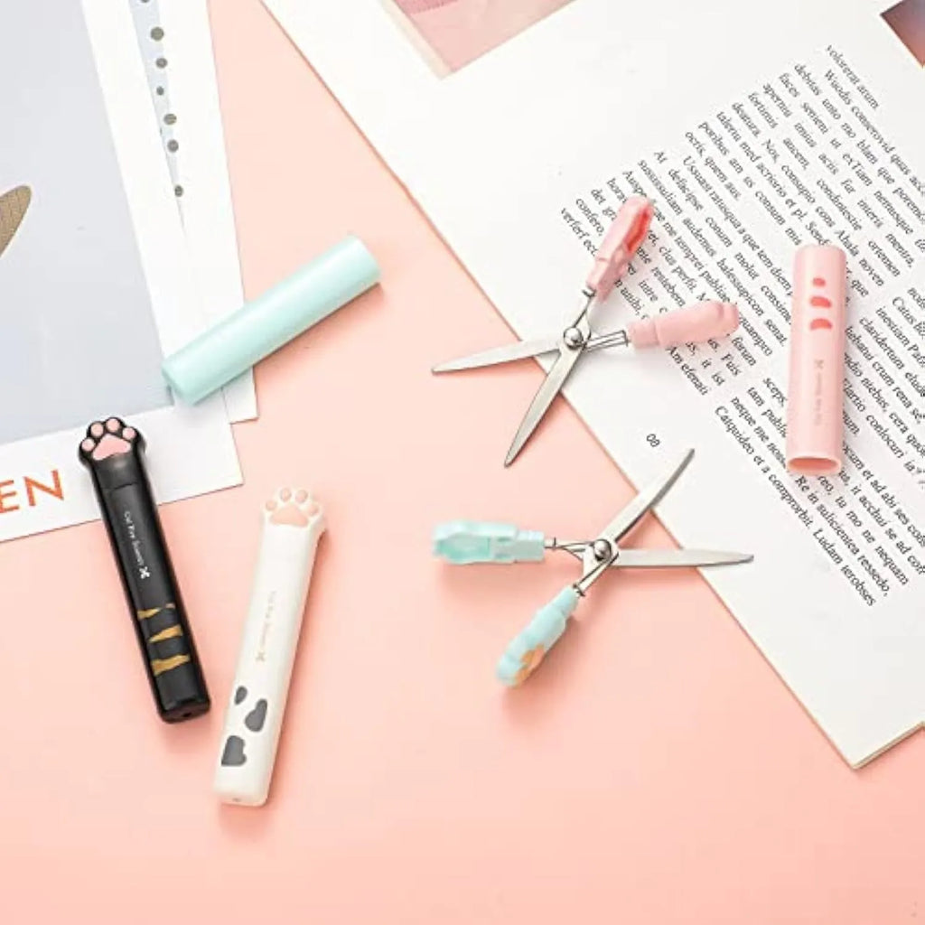 Cat paw design mini folding scissors in four colour options with stainless steel blades