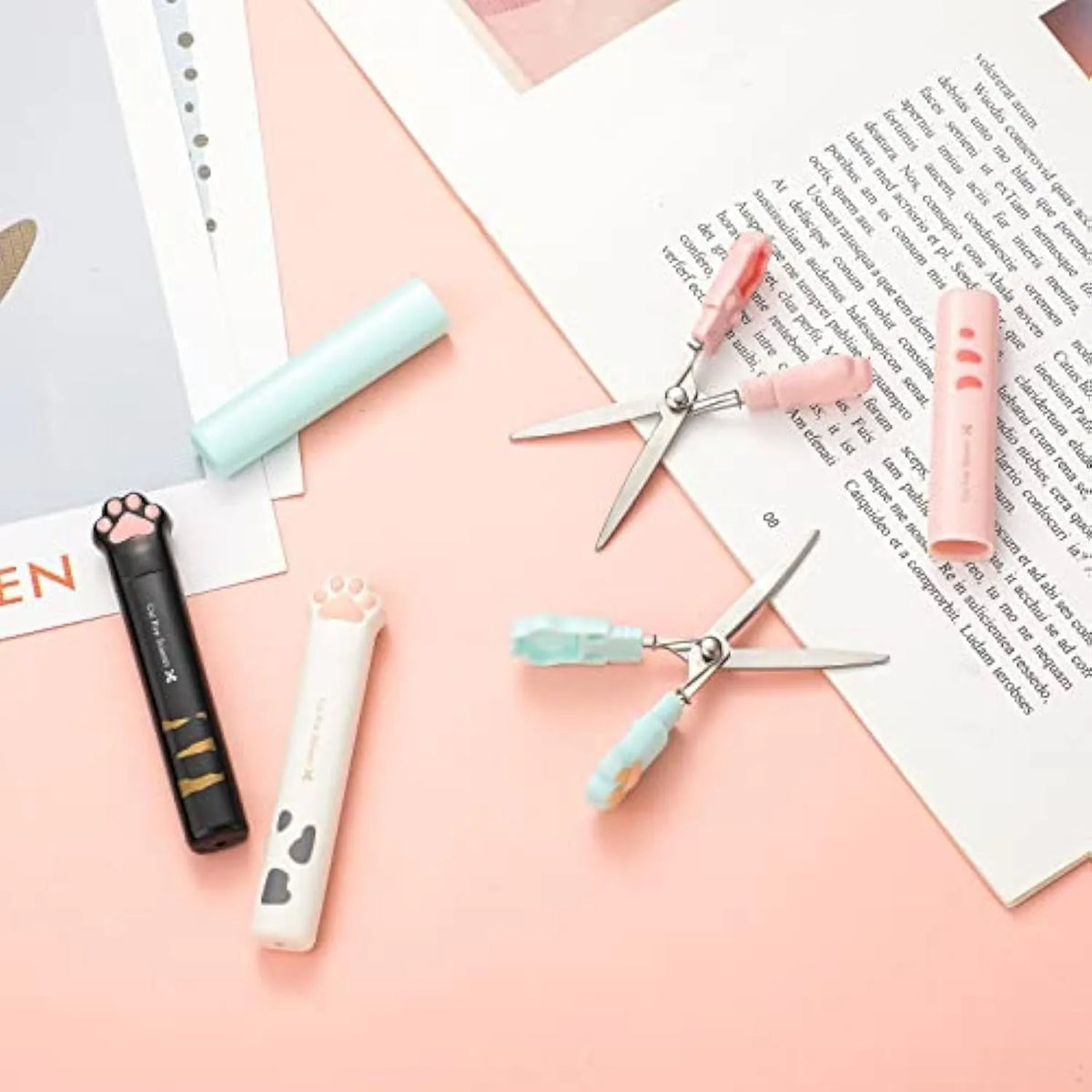 Cat paw design mini folding scissors in four colour options with stainless steel blades